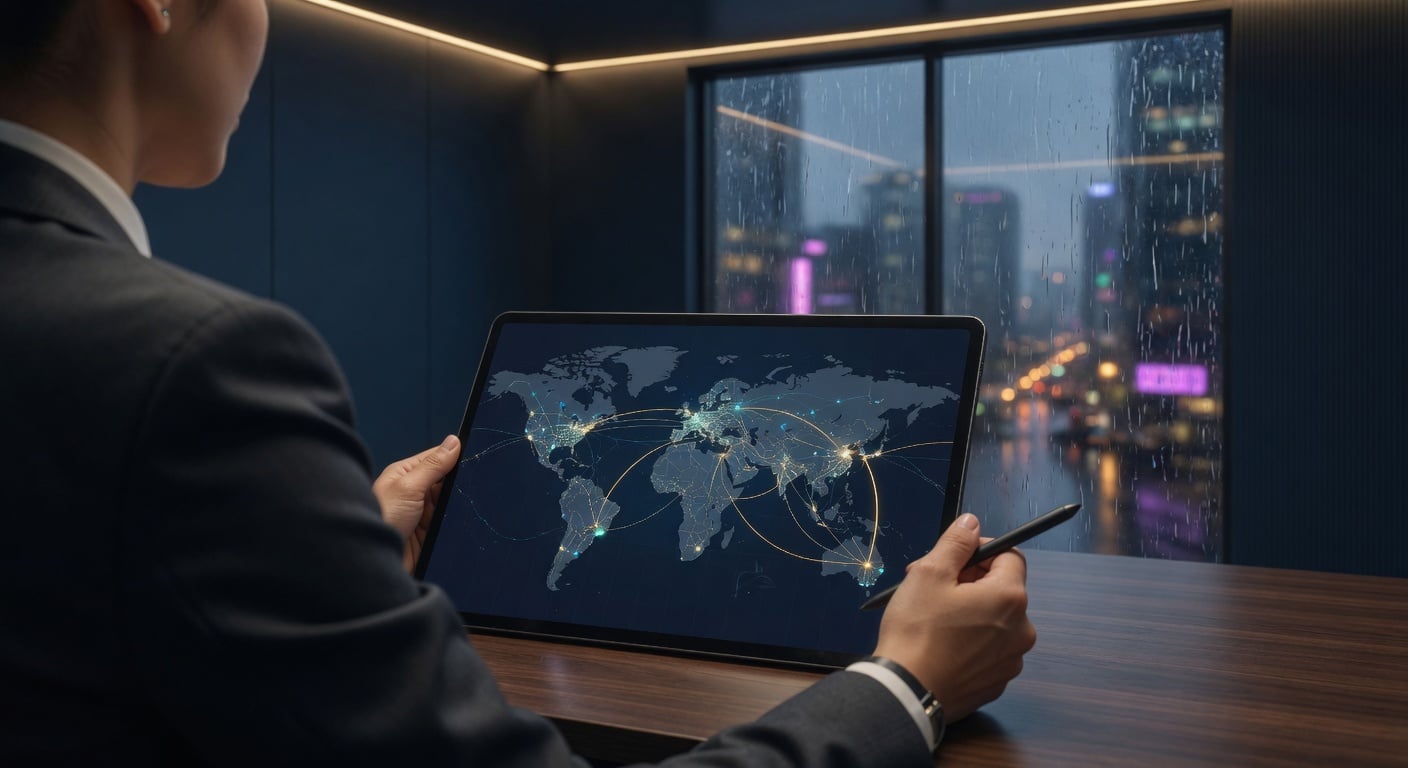 Payment analyst reviewing screened transaction routes on a tablet in a premium fintech office