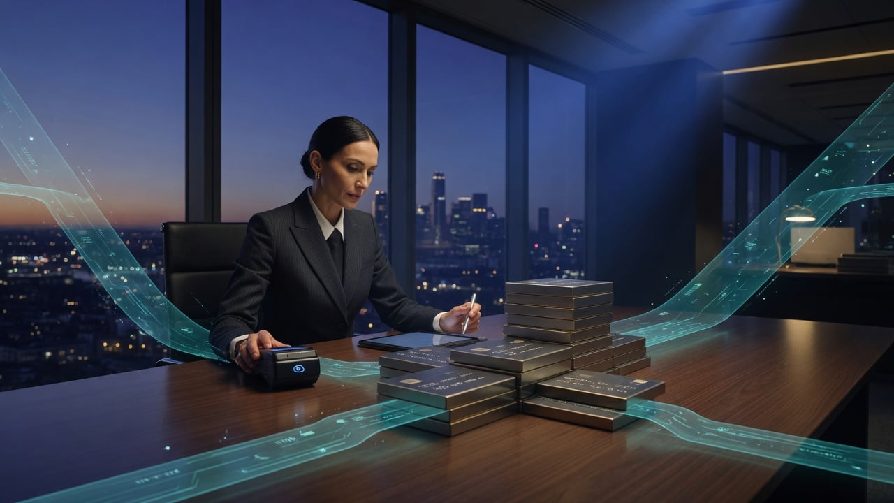 Payments analyst reviewing chargeback risk as teal transaction flows form secure ledger blocks