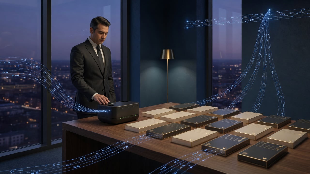 Payment analyst reviews recurring transaction flows and stable ledger blocks in a modern executive office