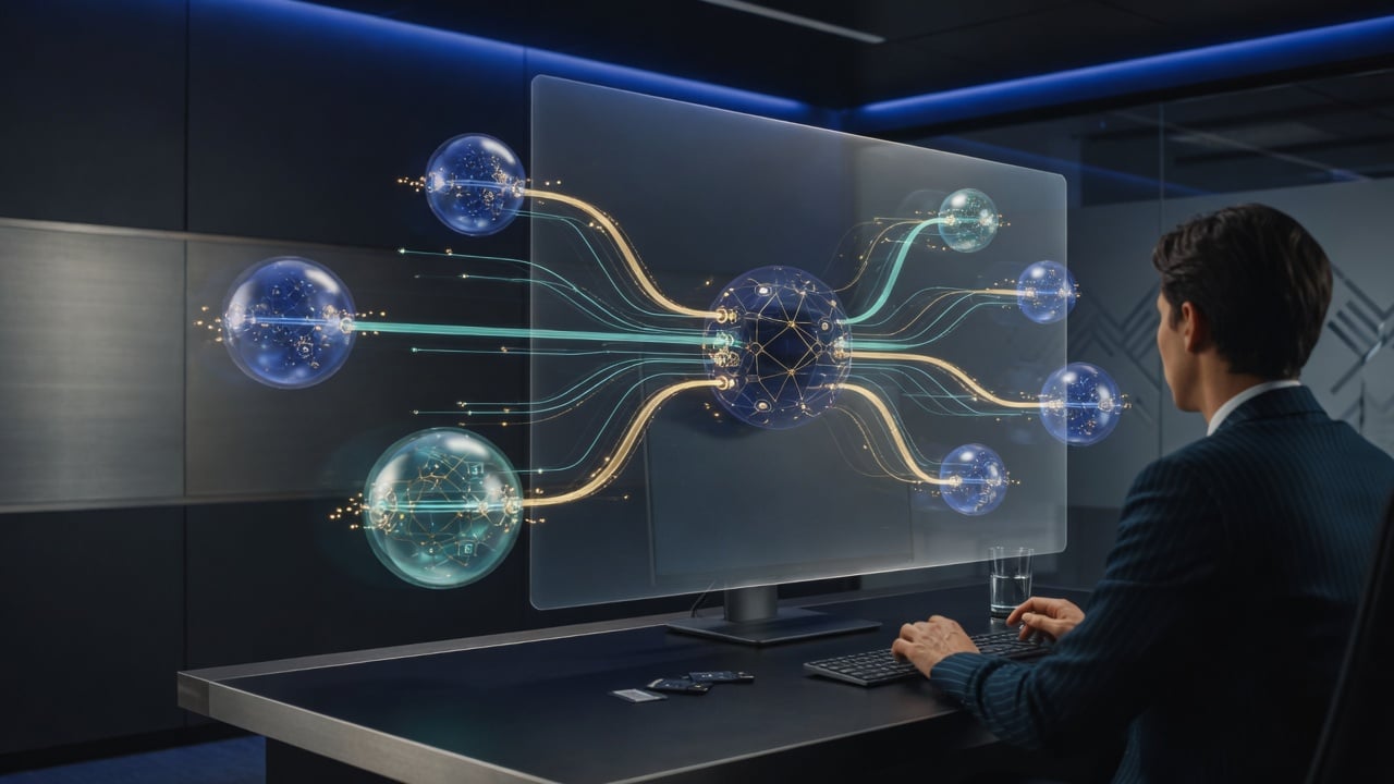 Analyst reviewing holographic payment routes from a risk hub to multiple acquirer nodes in a dark suite