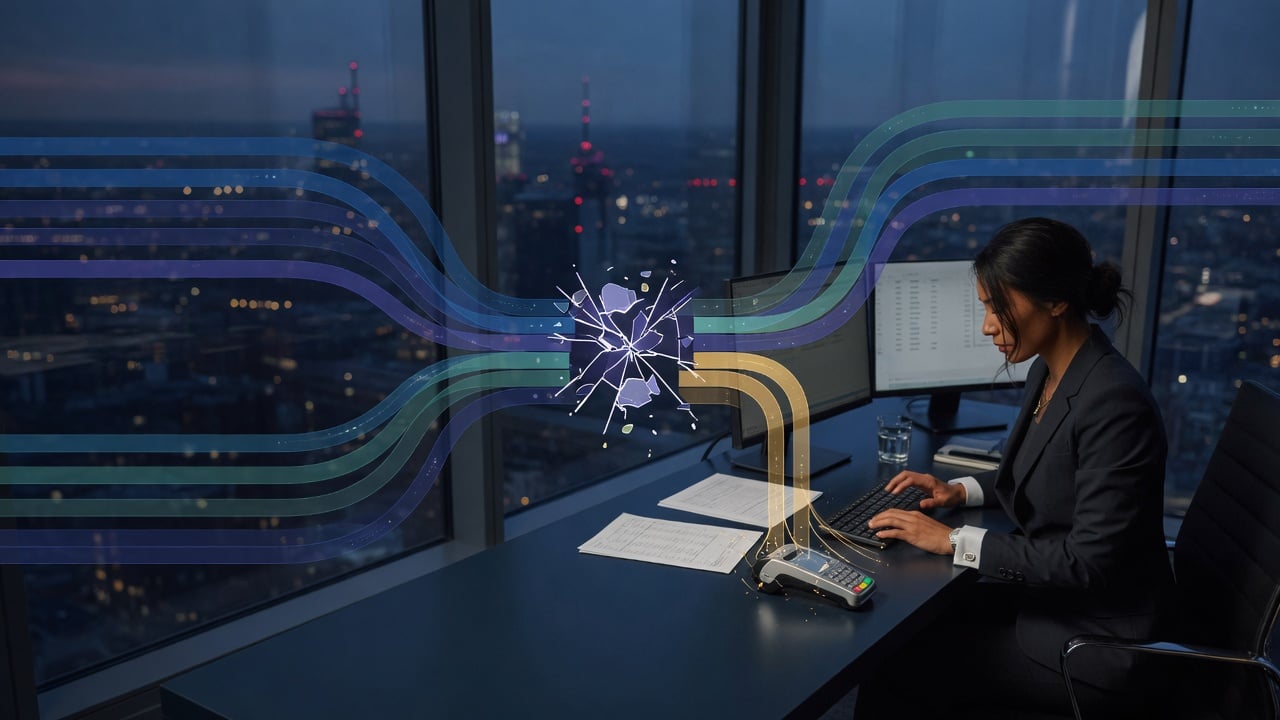Payment analyst reviewing open banking flows beside a terminal in a dark fintech operations suite