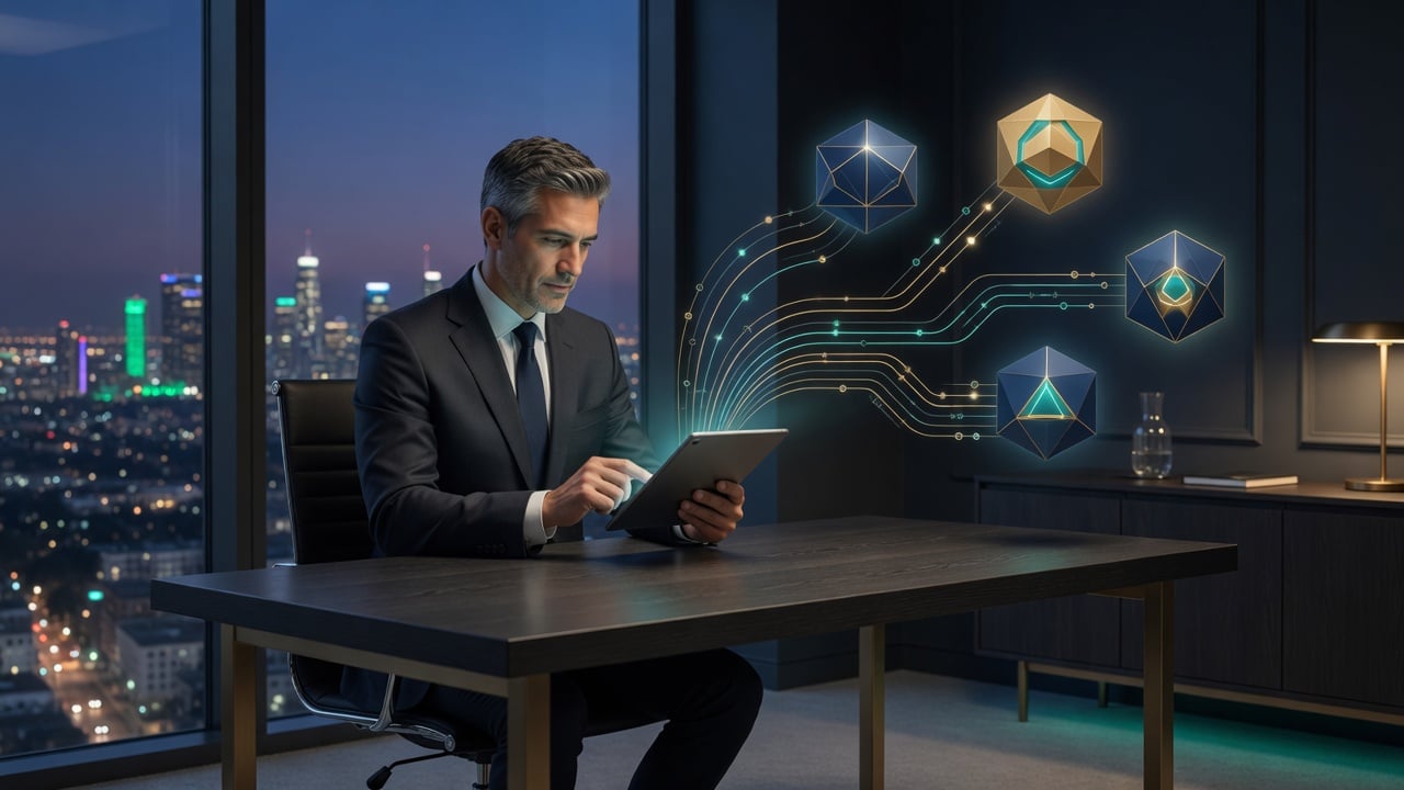 Finance executive using a tablet for merchant onboarding with glowing payment routes over a night-time skyline