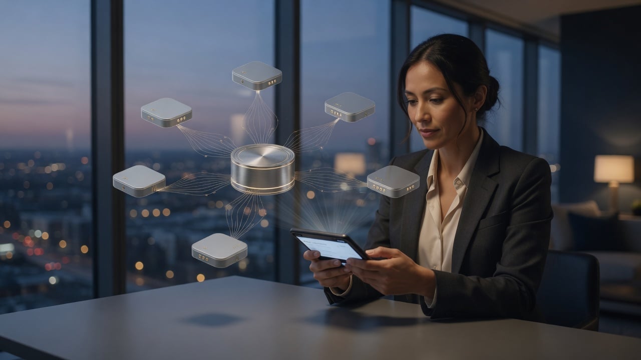 Professional woman using smartphone checkout with payment orchestration hub and fintech nodes at dusk