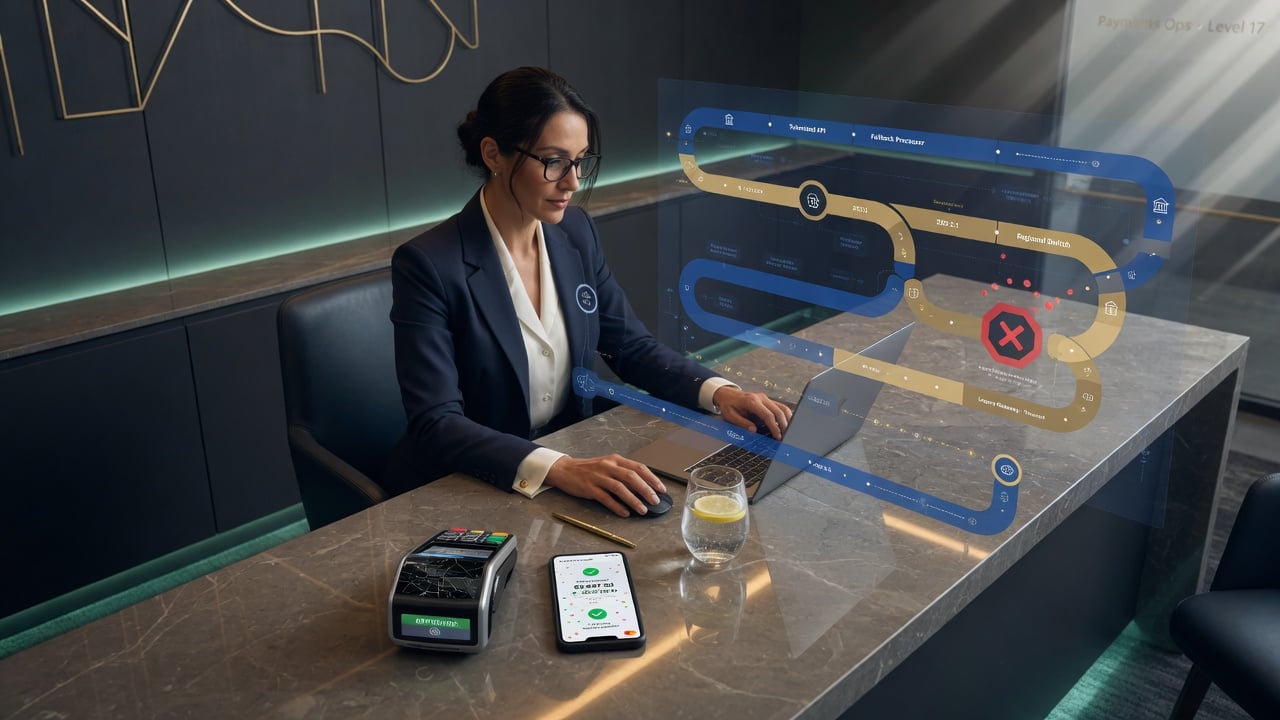 Payments analyst reviewing completed mobile checkout beside card terminal in a dark fintech lounge