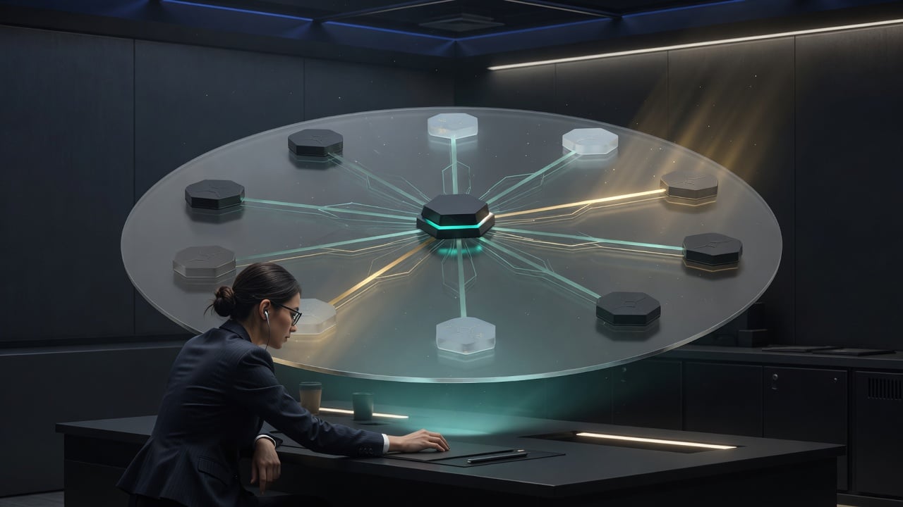 Payments analyst reviewing fraud screening routes across acquirer nodes in a dark operations suite