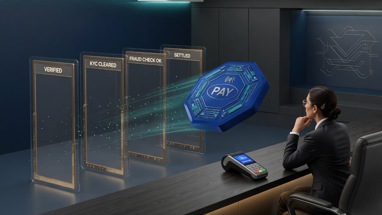 Cobalt payment token moving through transparent approval gates beside a card terminal in a navy office
