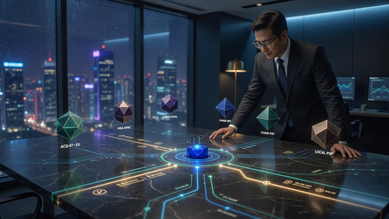 Analyst reviews payment orchestration routes on a marble table with acquirer nodes and city lights