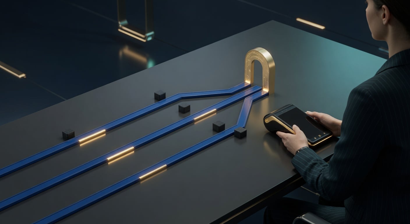 Payments analyst reviews cobalt transaction lanes converging at a gold reconciliation gate on a dark desk